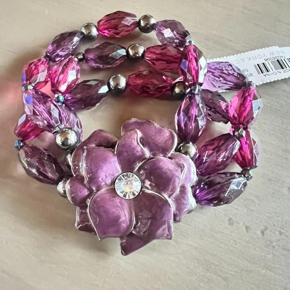 New York‎ & Company Purple Flower Stretch Bracelet Beaded Floral Statement Y2K